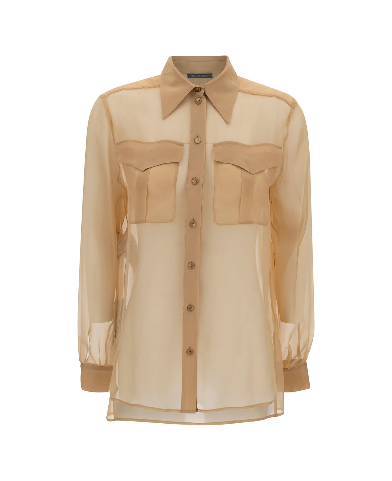 Alberta Ferretti Beige Shirt With Pointed Collar And Patch Pockets In Silk Chiffon Woman - Beige
