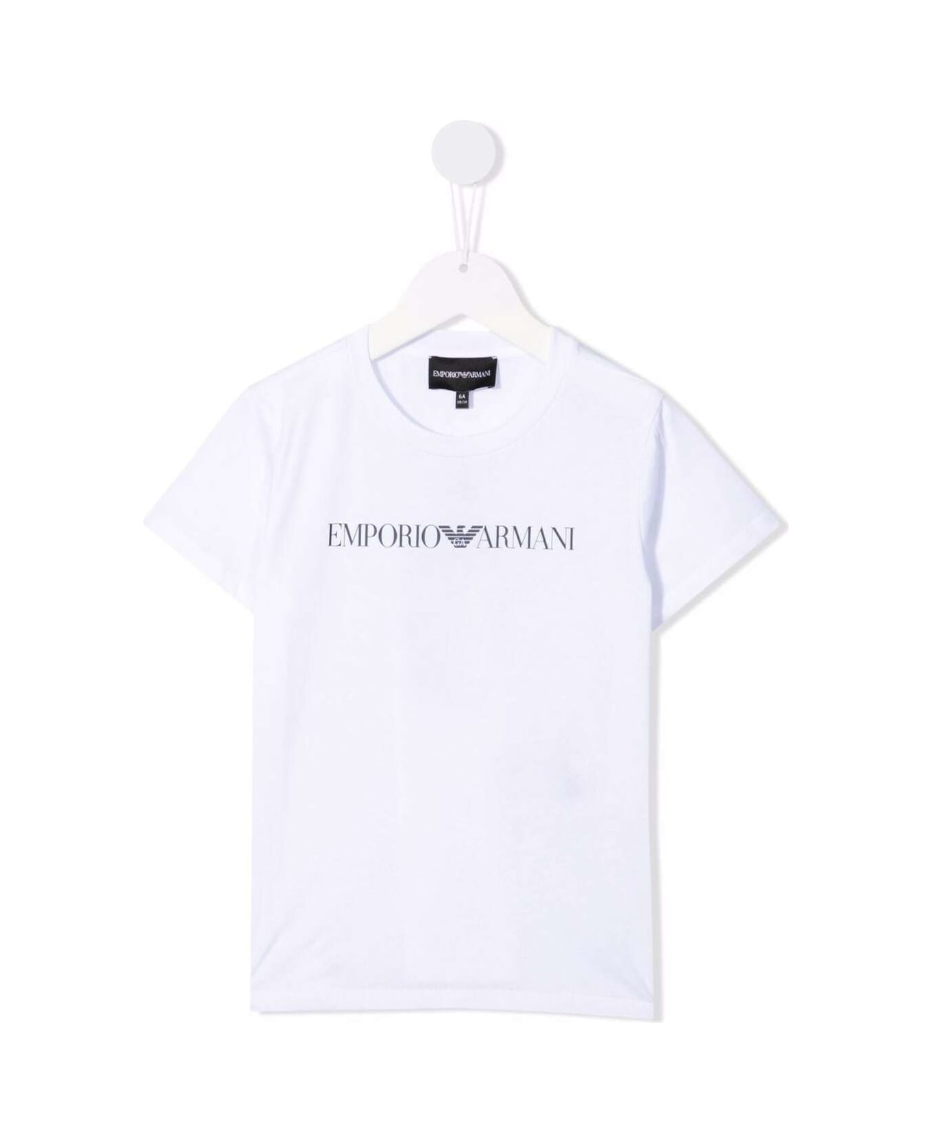Emporio Armani White Round Neck T-shirt With Logo Print In Cotton Boy - WHITE Tシャツ＆ポロシャツ