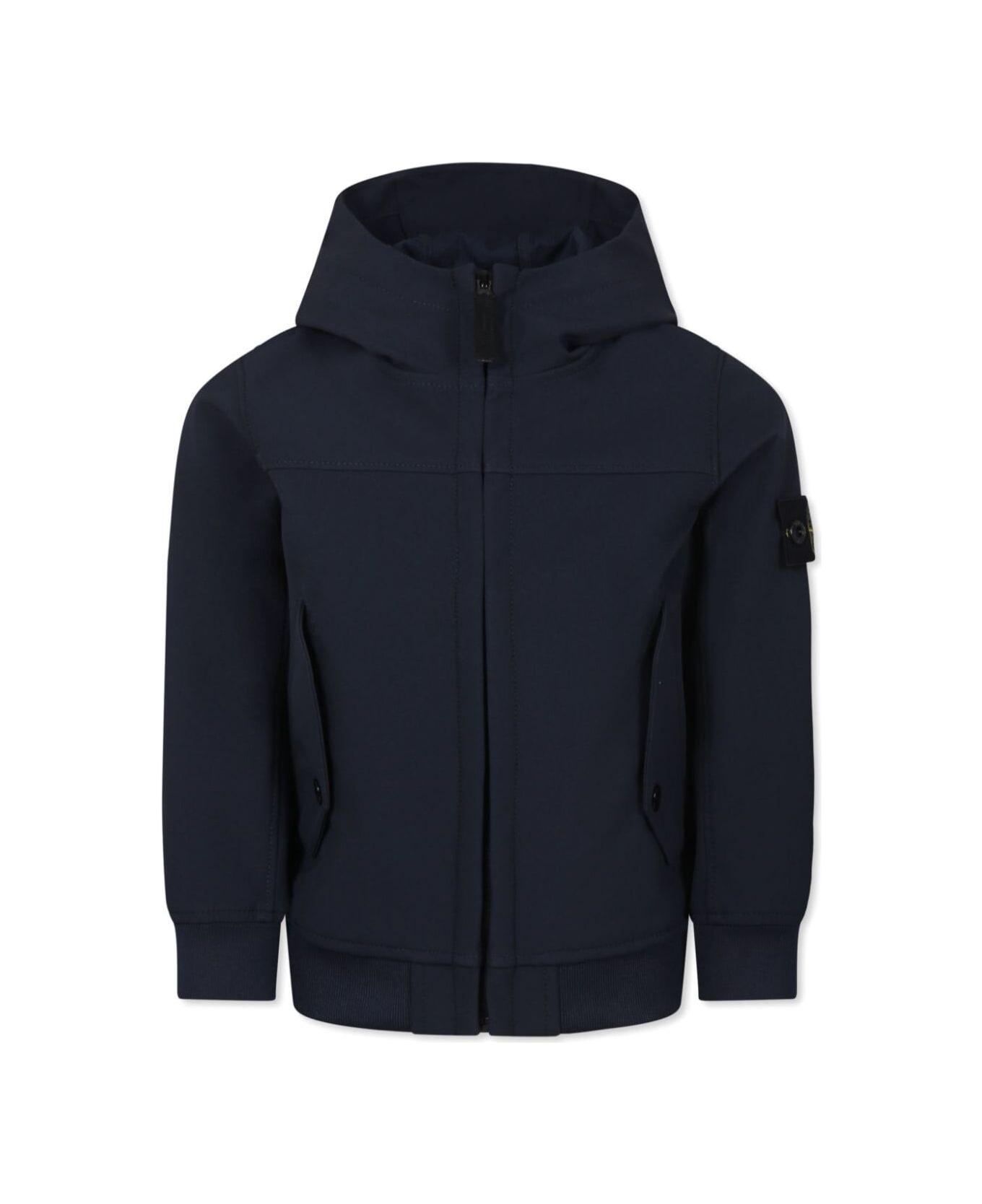 Stone Island Junior Blue Jacket With Fixed Hood And Logo Patch On The Sleeve In Tech Fabric Stretch Boy - Blu