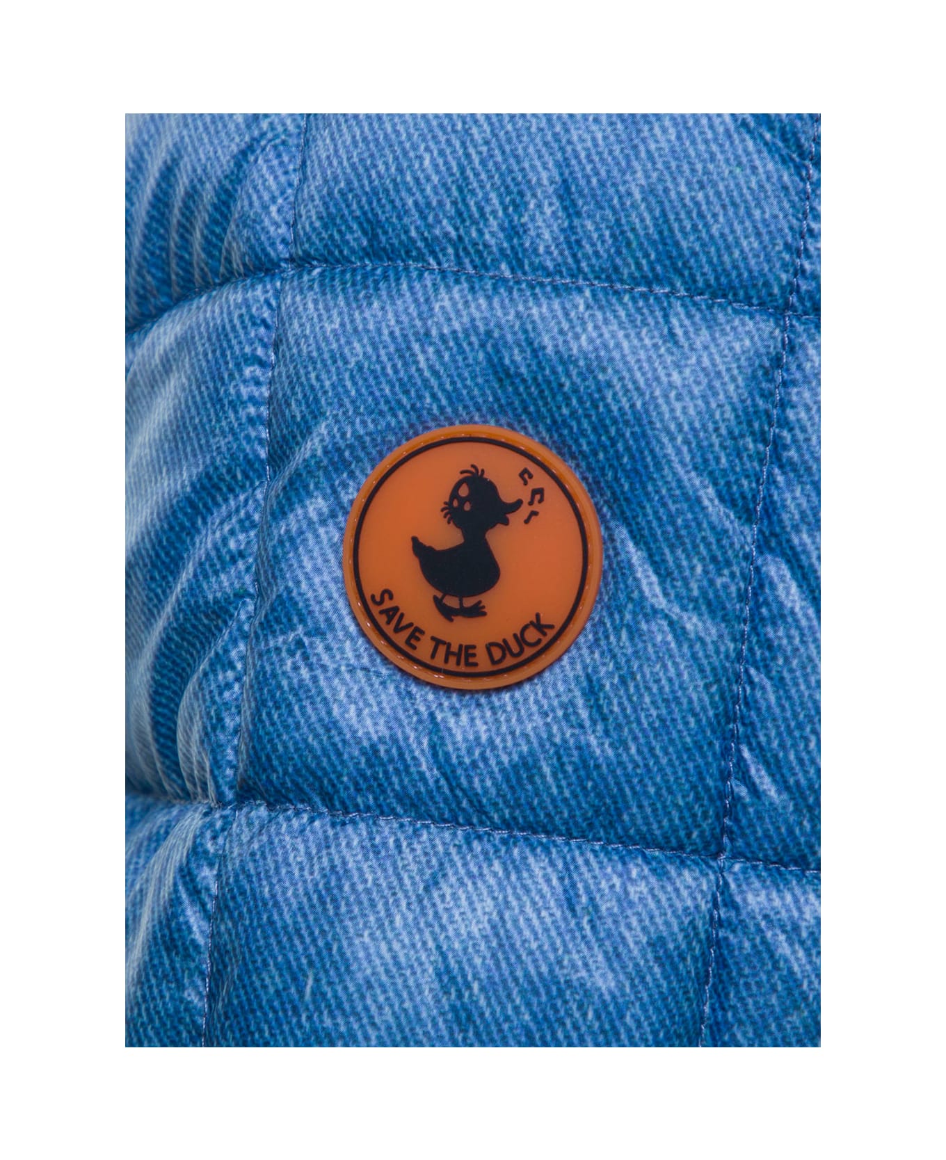 Save the Duck Blue Quilted Down Jacket With Logo Patch In Denim Printed Nylon Man - Blu