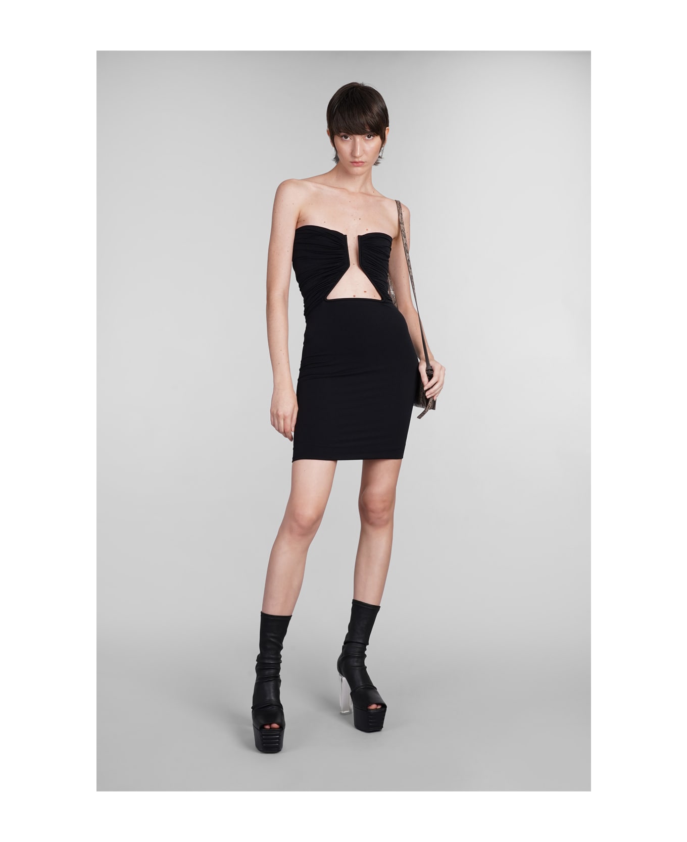 Rick Owens Jersey Prong Mini Dress In Black Nylon - BLACK