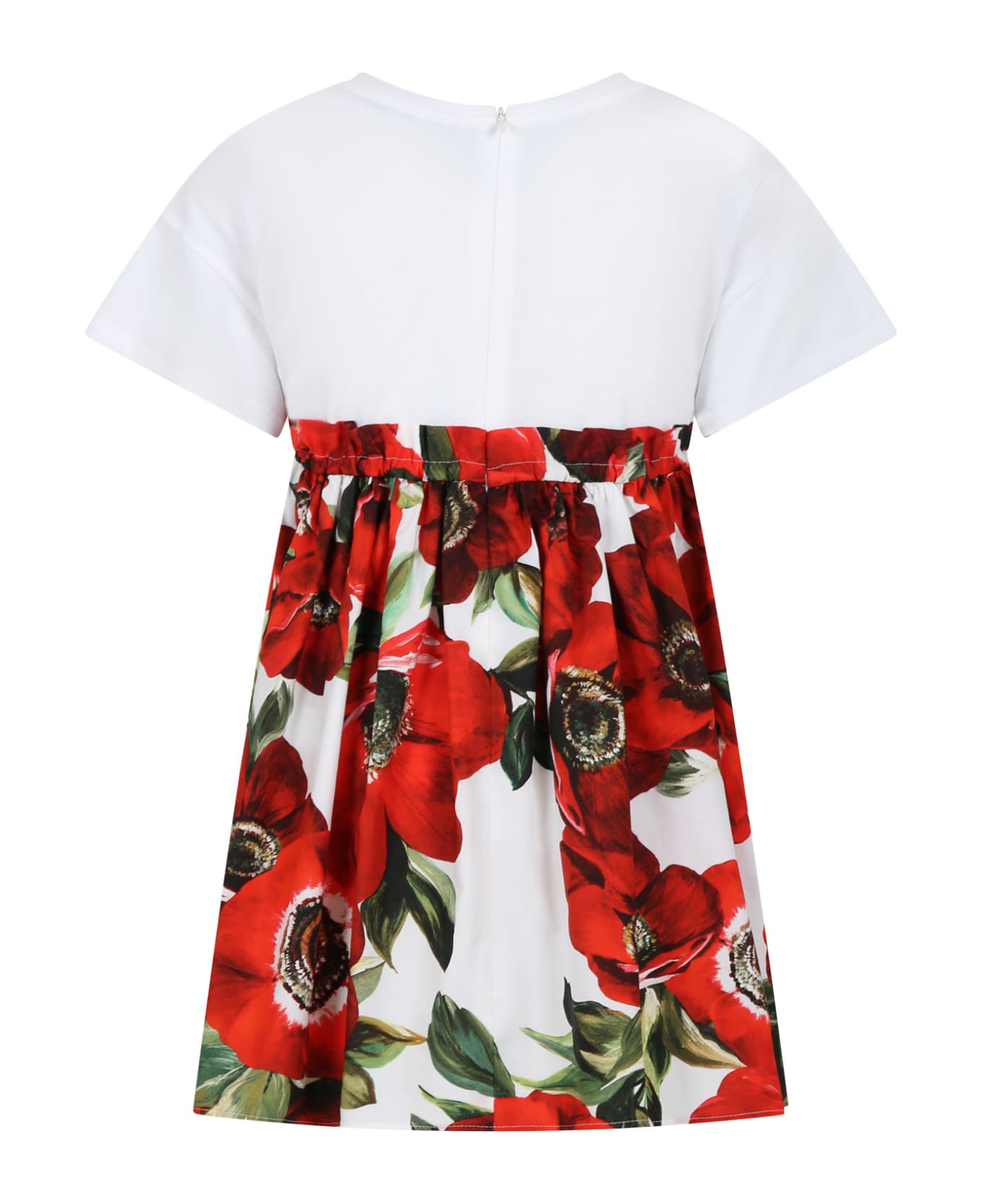 Dolce & Gabbana Casual White Dress For Girl With Poppies And Logo - White ワンピース＆ドレス