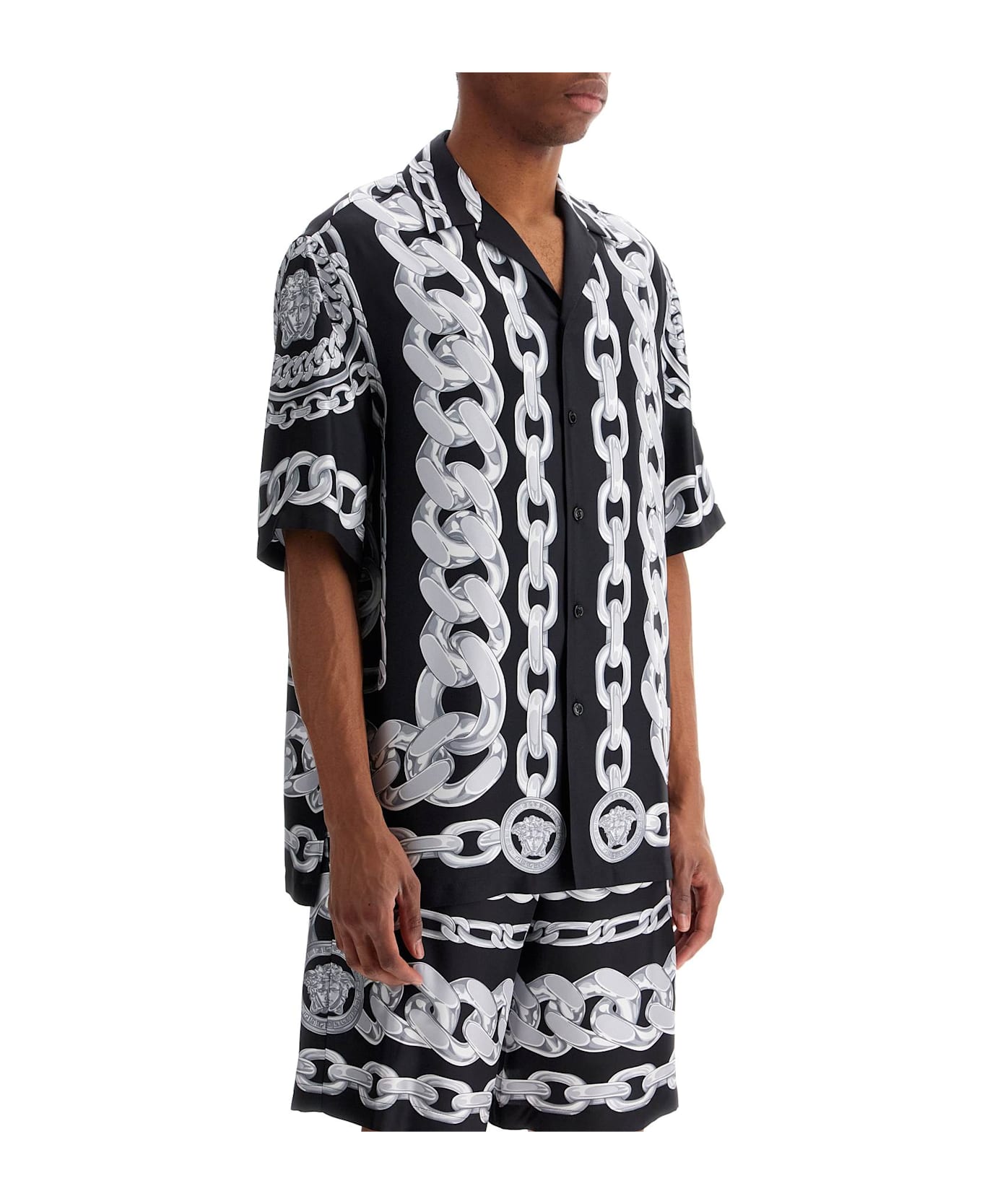 Versace 'printed Silk Medusa Chains Bowling Shirt - Black+silver シャツ