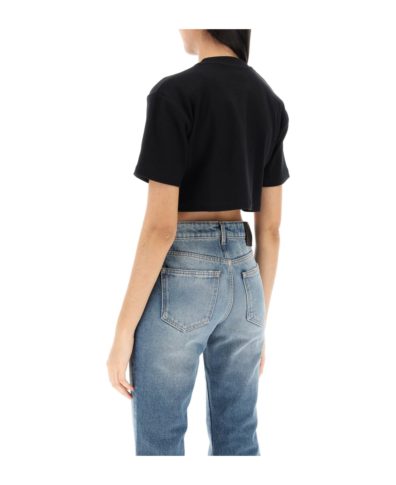 Off-White Cropped T-shirt With Off Embroidery - Black