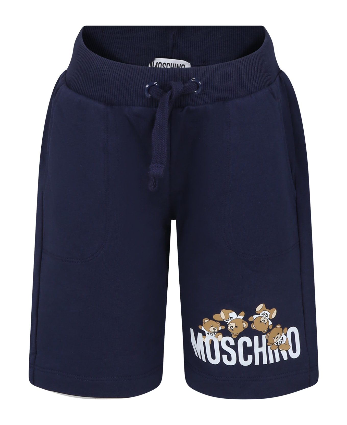 Moschino Blue Shorts For Kids With Teddy Bears And Logo - Blue