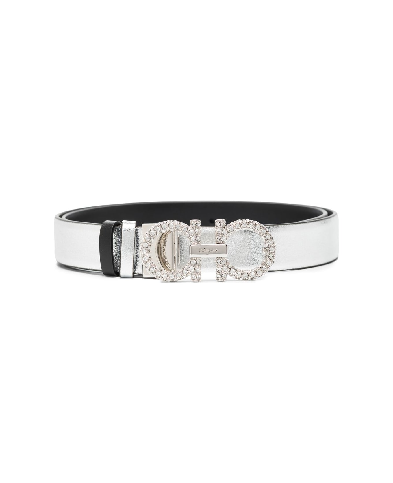 Ferragamo Gancini Strass Leather Belt - Silver