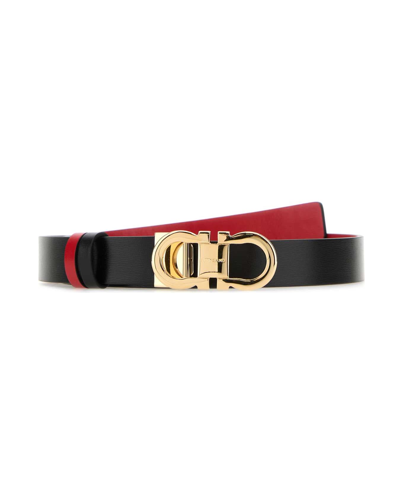 Ferragamo Black Leather Reversible Belt - NERO||FLAMERED