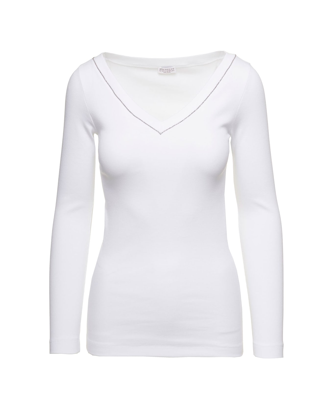 Brunello Cucinelli White V-neck Pullover With Beads Detailing In Stretch Cotton Woman - White
