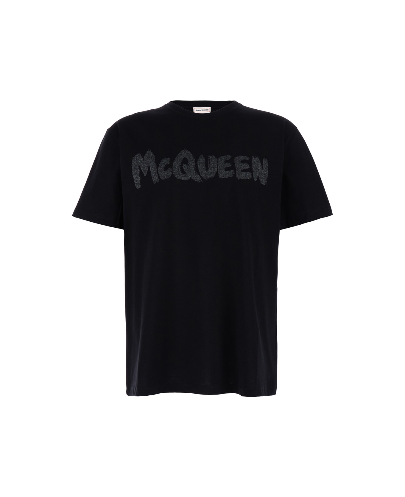 Alexander McQueen Black T-shirt With Glitter Logo Print In Cotton Man - Black