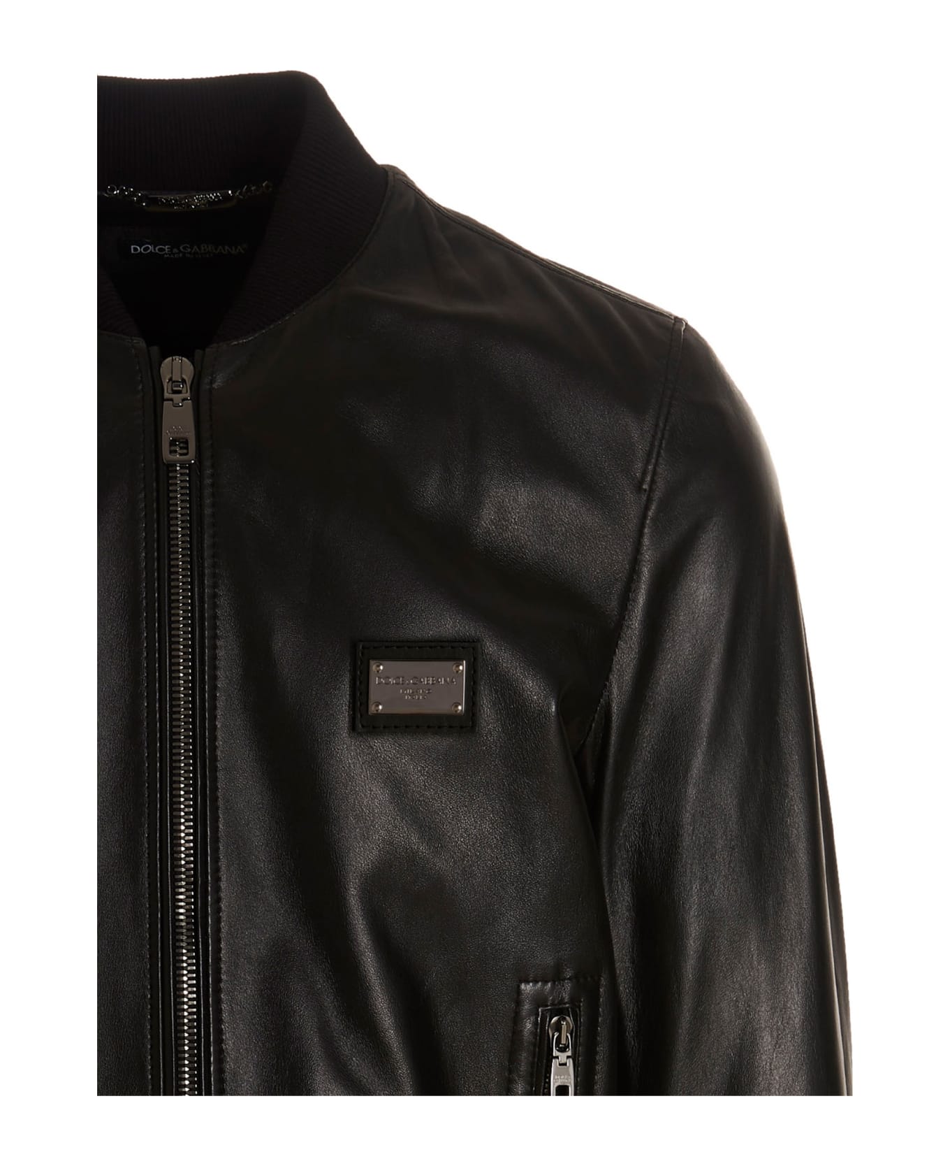 Dolce & Gabbana Leather Jacket With Logo Plaque - black ジャケット