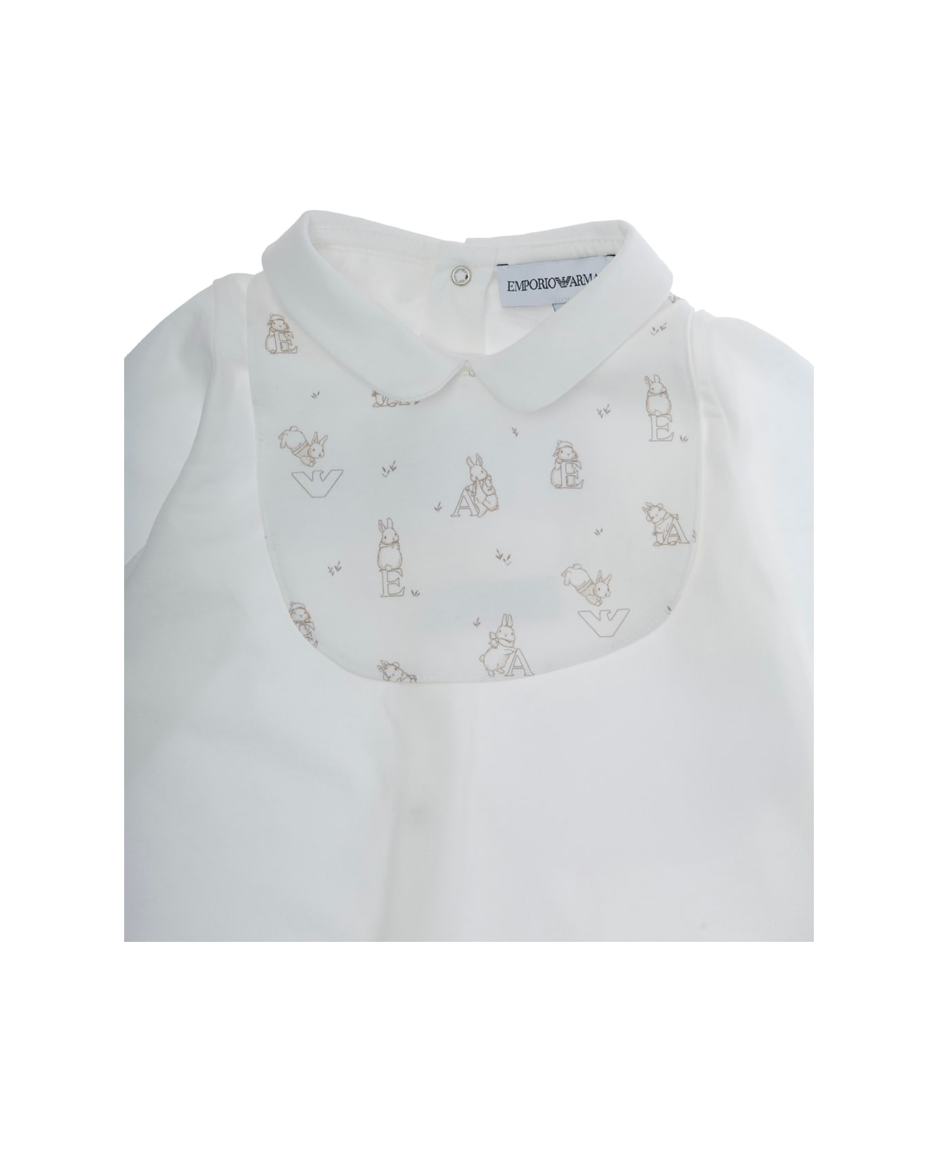 Emporio Armani White Onesie With Peter Pan Collar And Rear Button Closure With Bib In Cotton Baby - White