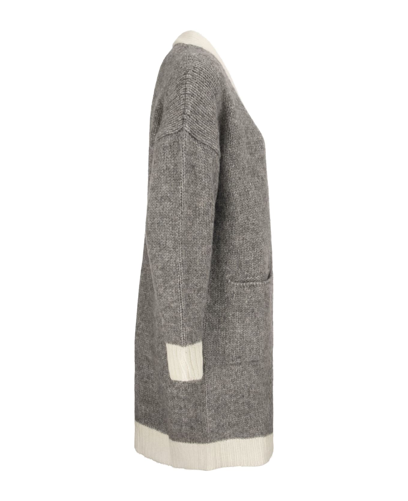 Peserico Long Cardigan In Wool And Alpaca Blend - Grey/cream