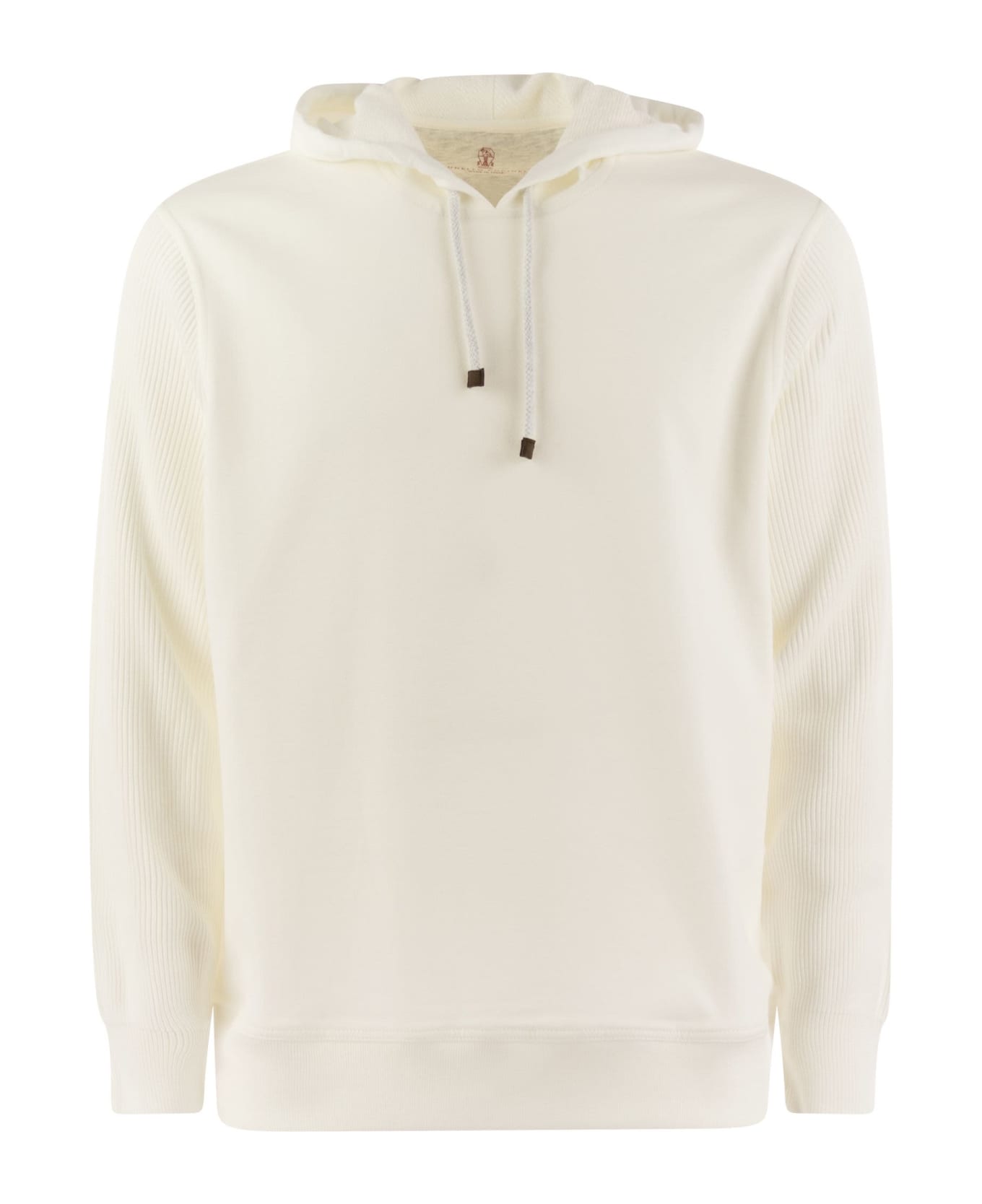 Brunello Cucinelli Cotton Fleece Topwear With Hood And Ribbed Cotton Knit Sleeve - White