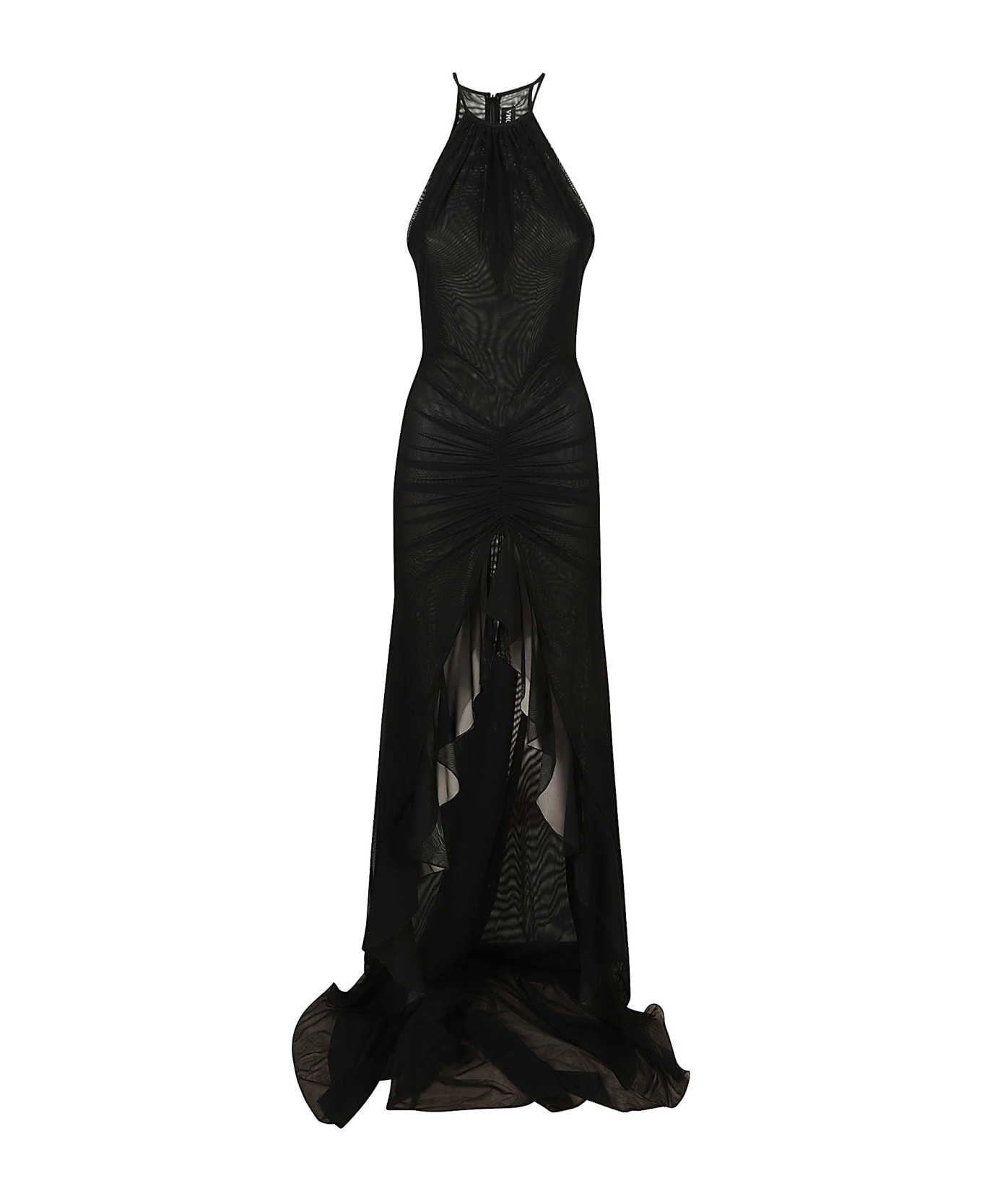 David Koma Ruched Front & Ruffle Hem Detail Mesh Gown - Black ワンピース＆ドレス