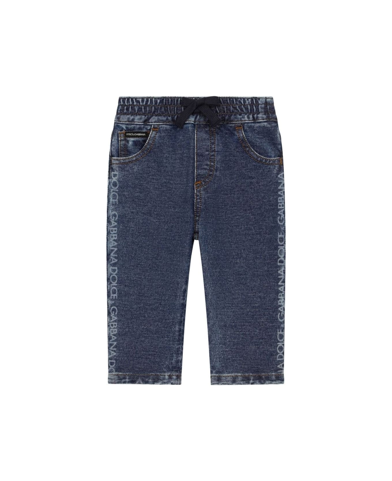 Dolce & Gabbana Blue Jeans With Elasticised Waist And Side Logo - Blue