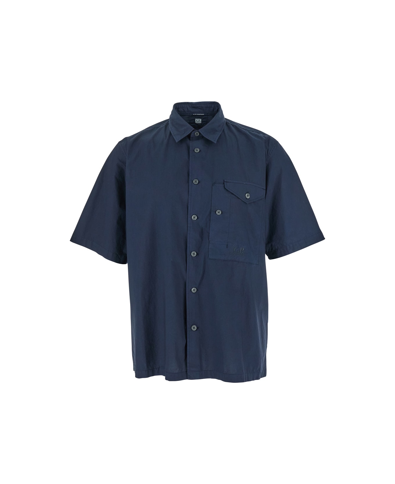 C.P. Company Blue Shirt With Classic Collar And Logo Lettering Embroidery On The Front In Cotton Man - Blu