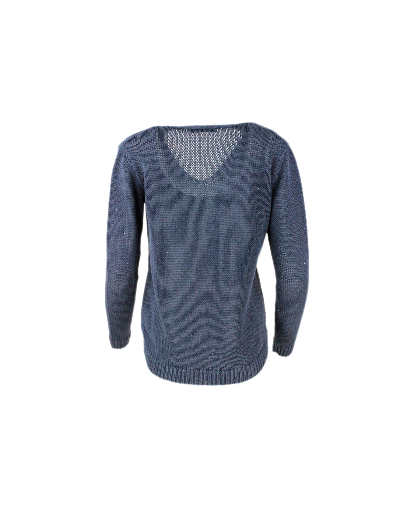 Fabiana Filippi V-neck Sweater In Cotton And Linen With Woven Sequins Open On The Shoulder - Blu