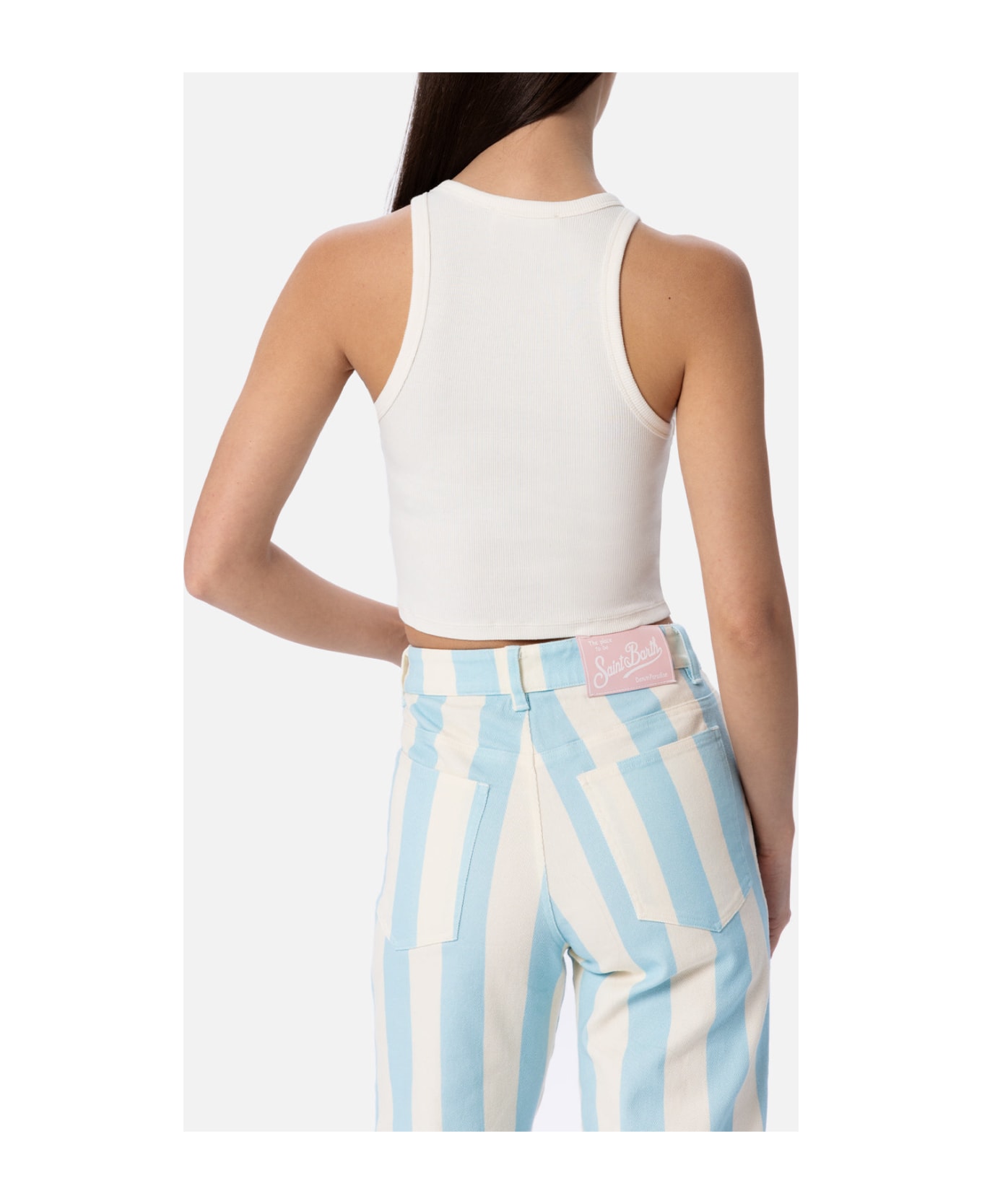 MC2 Saint Barth Woman Rib-knit Cotton Crop Tank With Saint Barth Beach Club Embroidery - WHITE