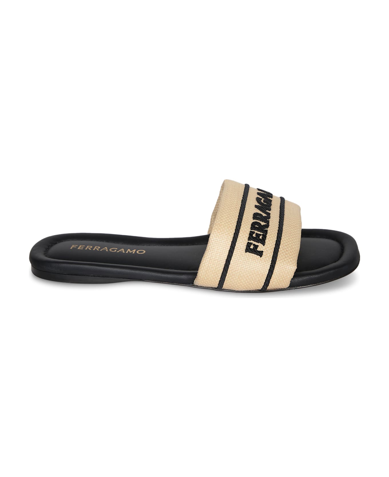 Ferragamo Nappa Raffia Black Sandals - Beige