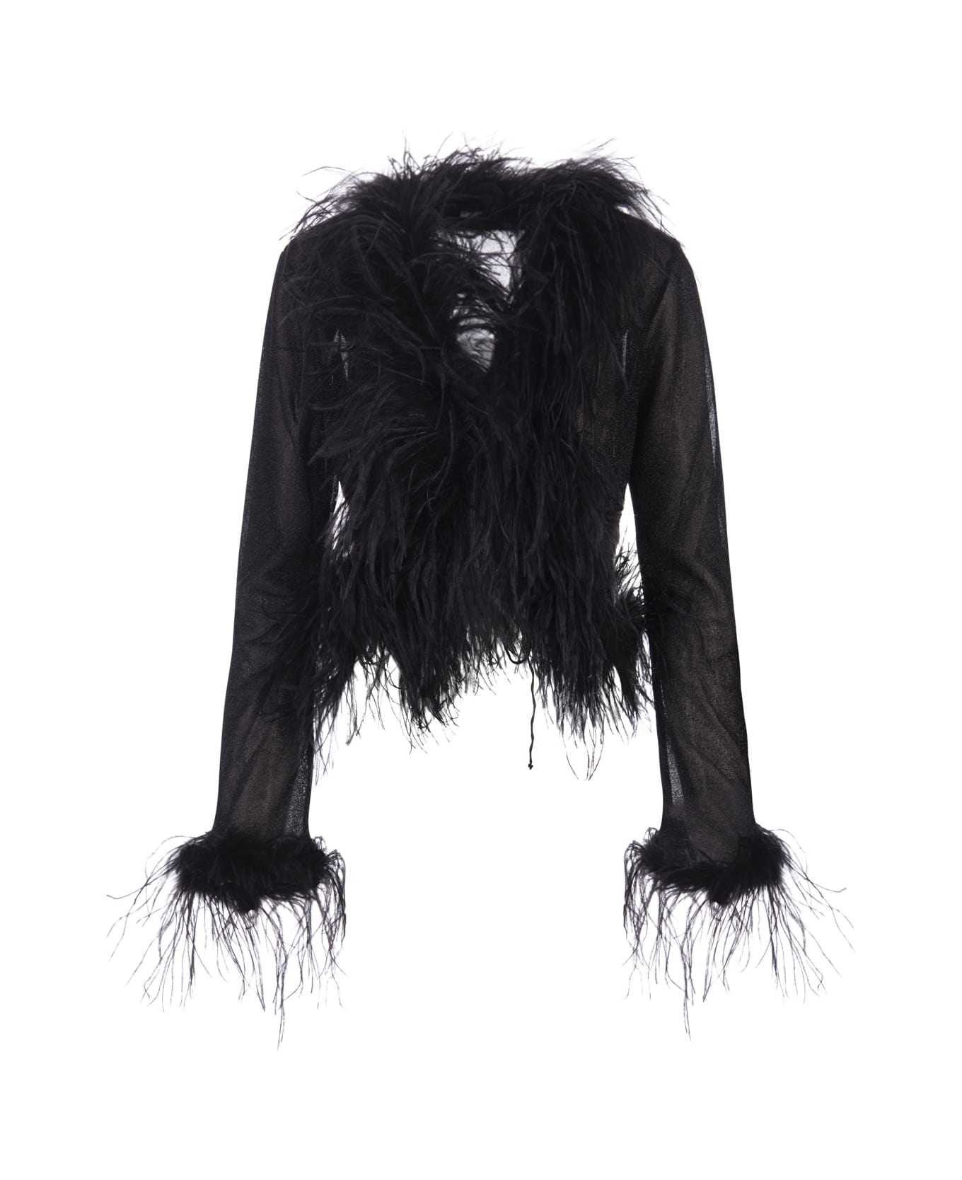 Oseree Black Lumiere Blouse With Feathers - Black