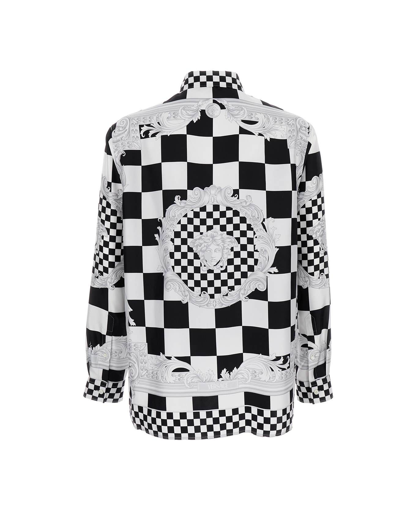 Versace Black And White Chechered Shirt With Baroque Pattern And Medusa Heas In Silk Man - White