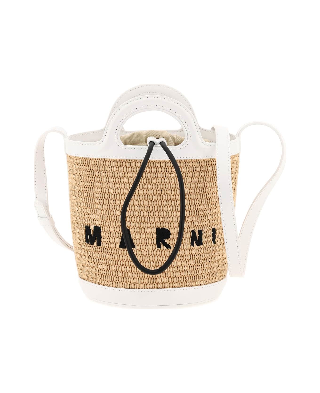 Marni Tropicalia Mini Bag In White Leather And Natural Raffia - White/natural