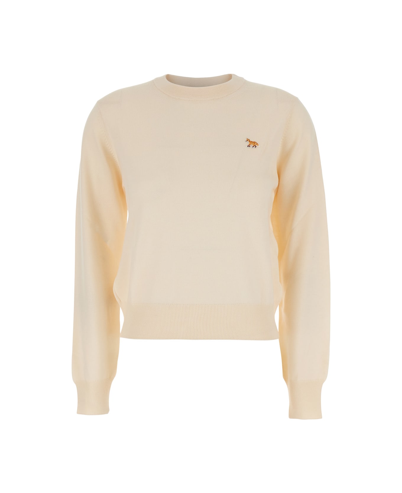 Maison Kitsuné Beige Sweater With Baby Fox Logo Patch On The Front In Wool Woman - Powder