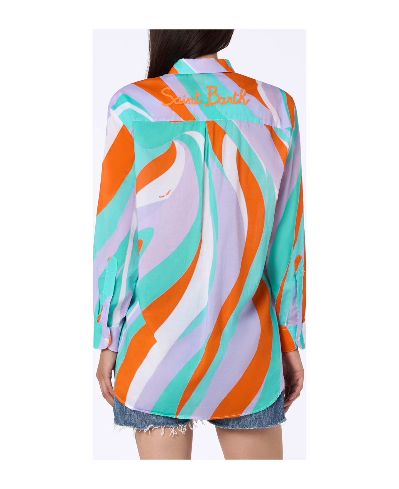MC2 Saint Barth Woman Cotton Shirt Brigitte With Shape Wave Print - GREEN