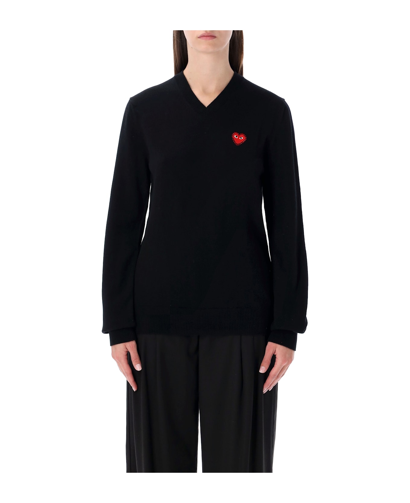 Comme des Garçons Play Wool V-neck Sweater With Red Heart And Crystals - BLACK