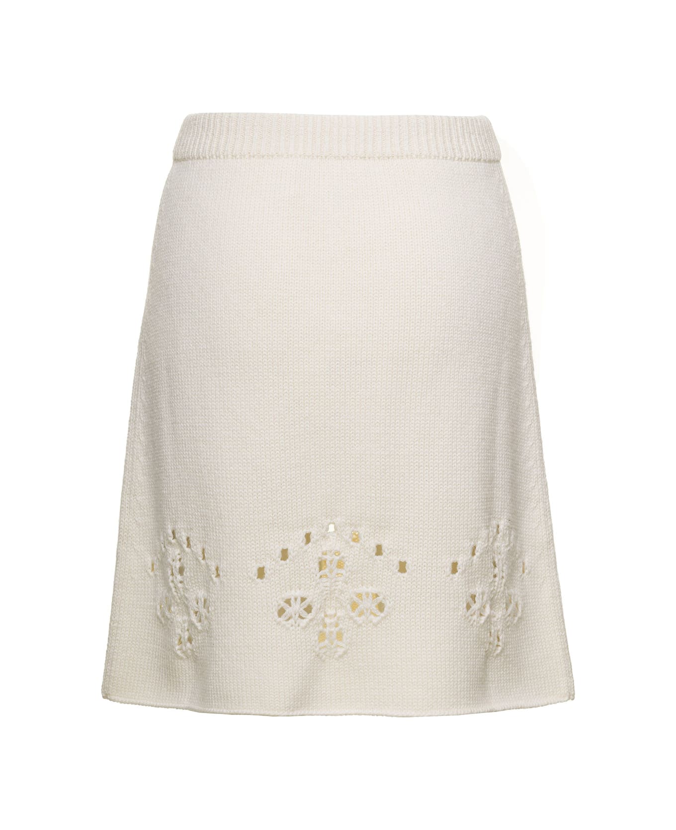 Chloé White A-line Knit Mini-skirt With Perforated Motifs In Wool Woman - Beige