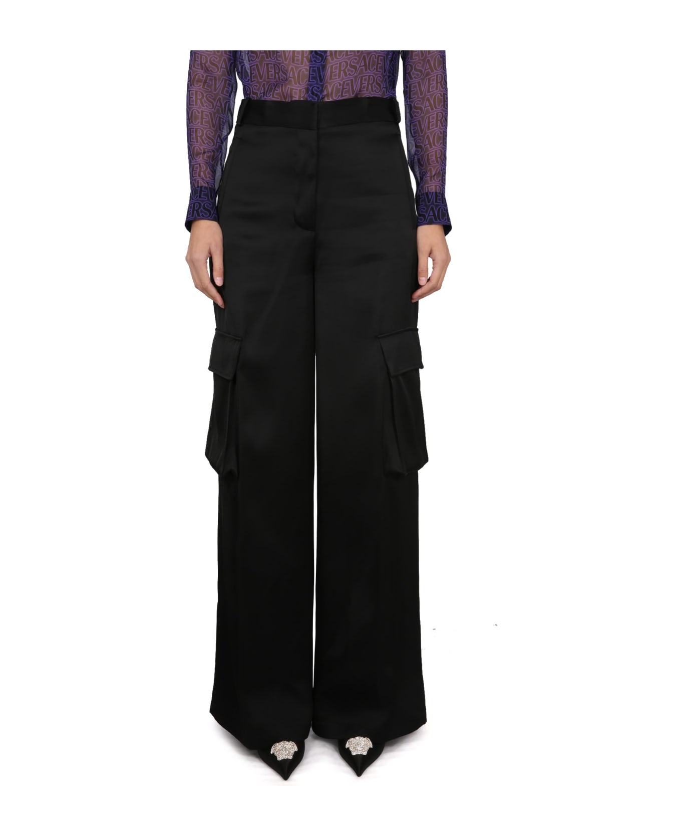 Versace Black Cargo Pants Satn Effect With Cargo Pockets In Viscose Woman - BLACK