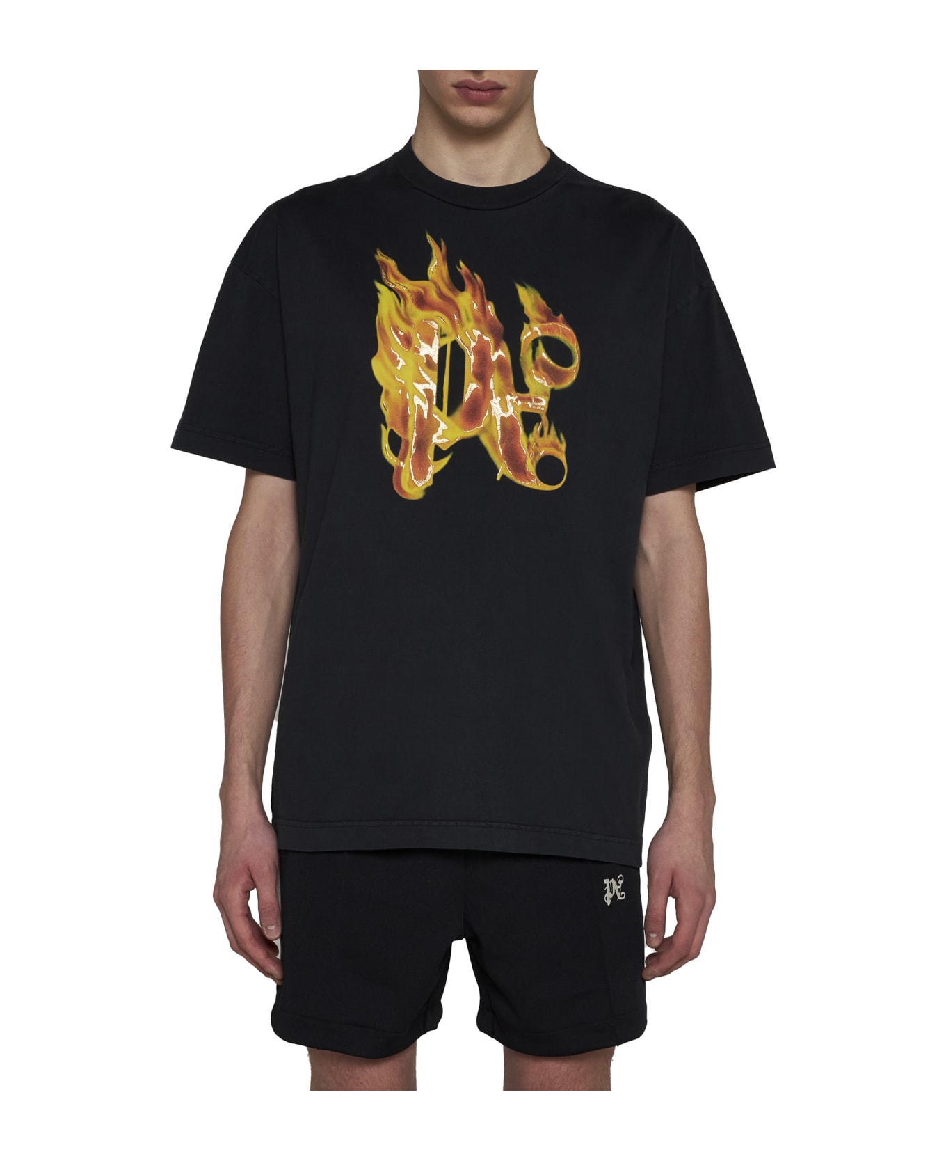 Palm Angels T-shirt With Burining Monogram On The Front - Black gold シャツ
