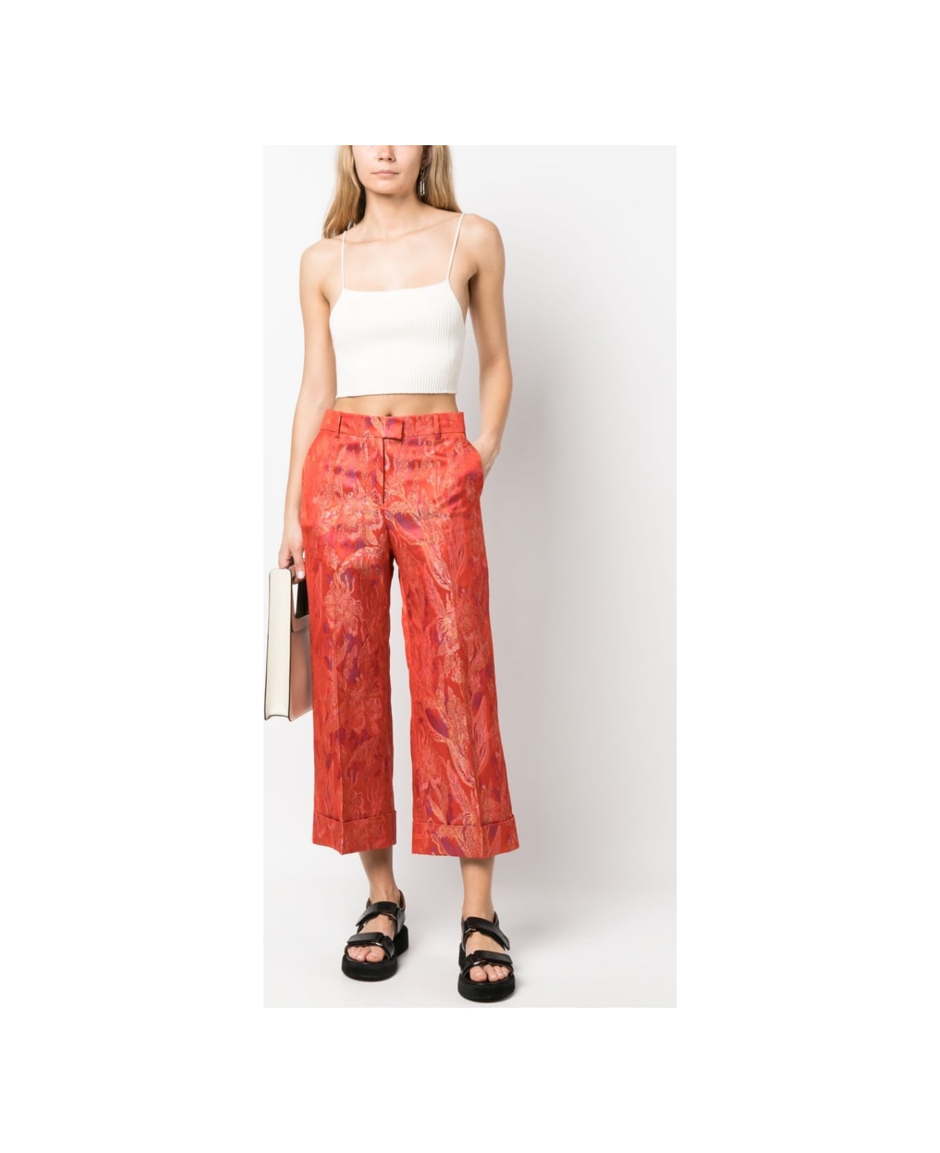 Alberto Biani Floral Print Jacquard Trousers - Red ボトムス