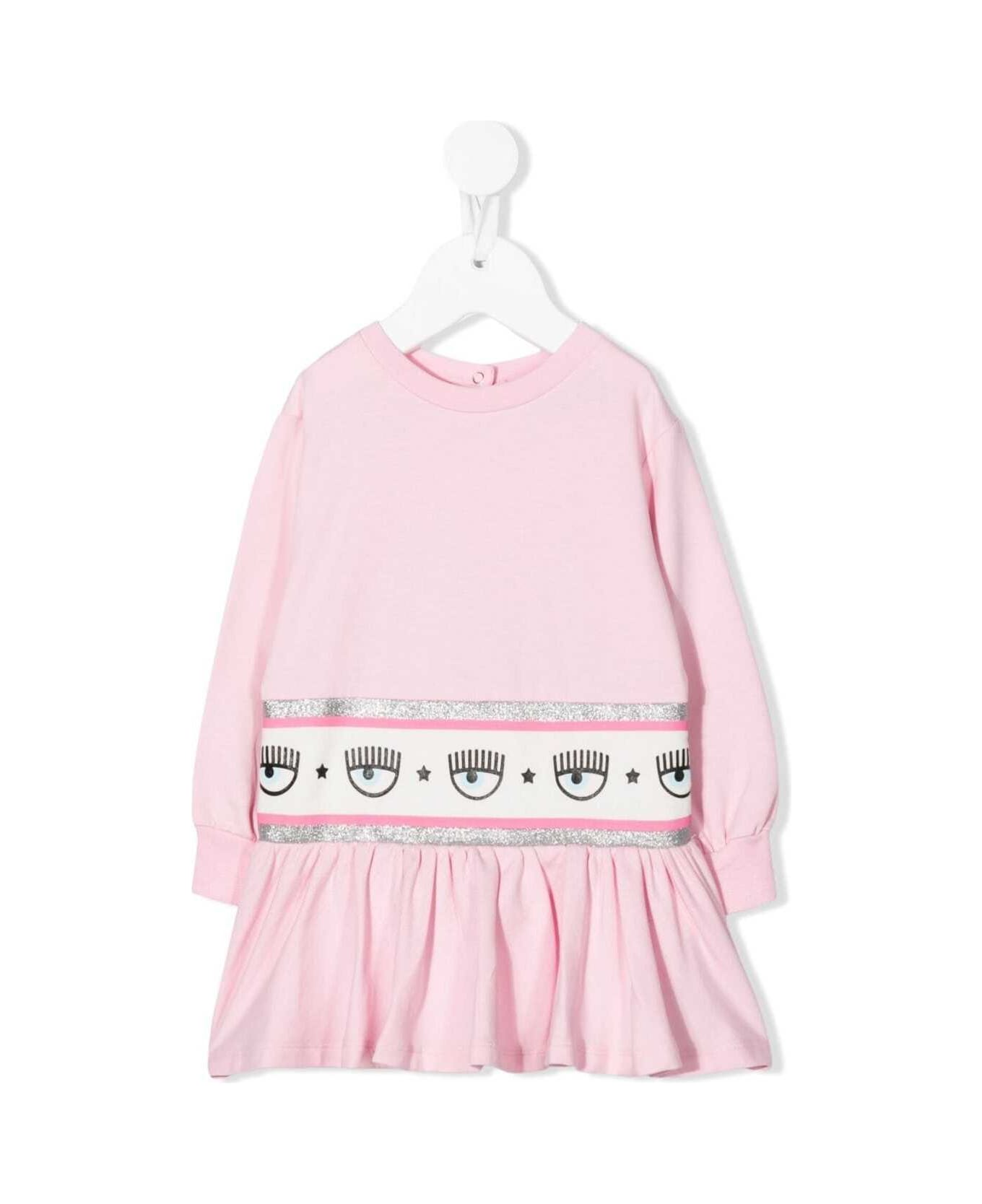 Chiara Ferragni Light Pink Sweater Dress In Cotton With Embossed Logo On The Waist - PINK