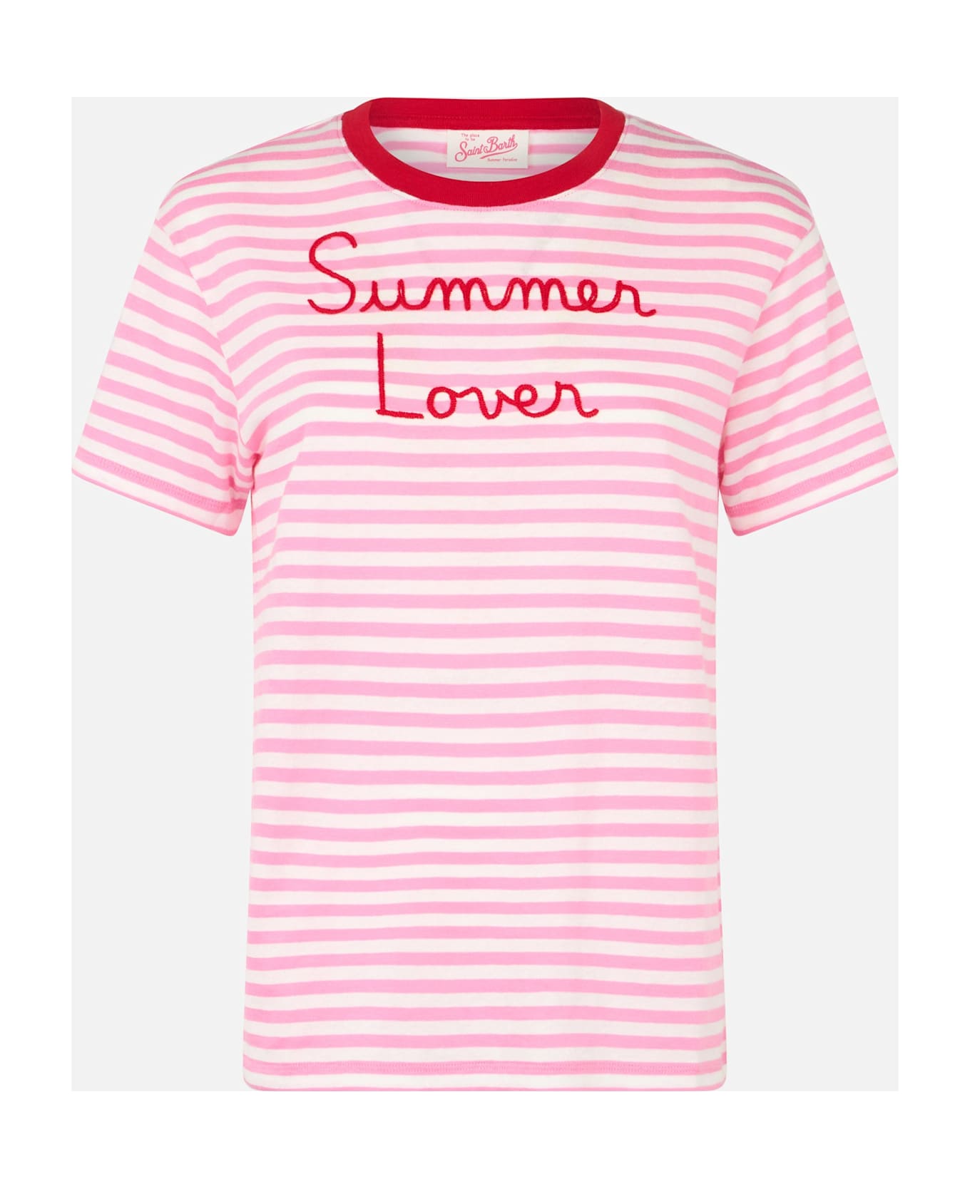 MC2 Saint Barth Woman Striped Cotton Jersey Crewneck T-shirt Emiilie With Summer Lover Embroidery - PINK