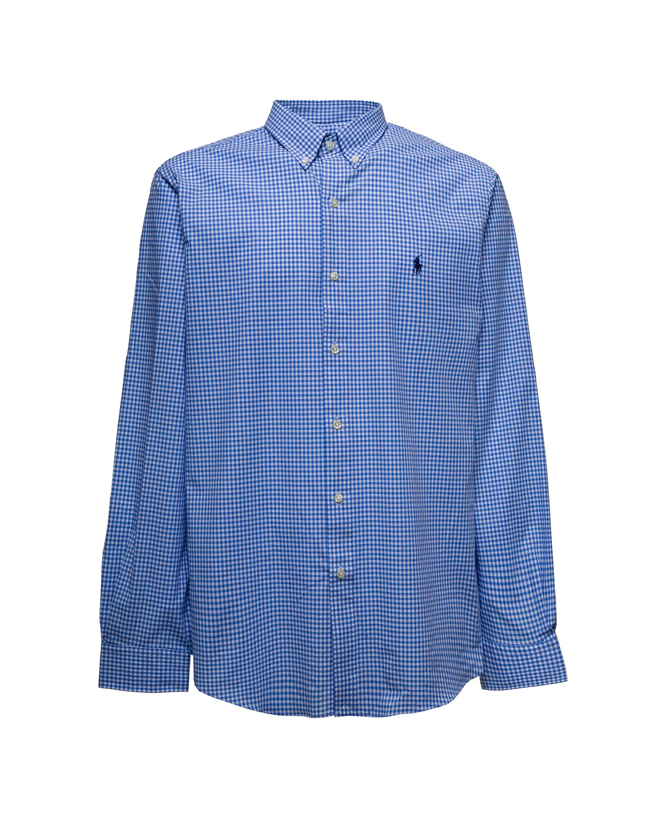 Ralph Lauren Blue Check Cotton Poplin Shirt With Logo - Blue