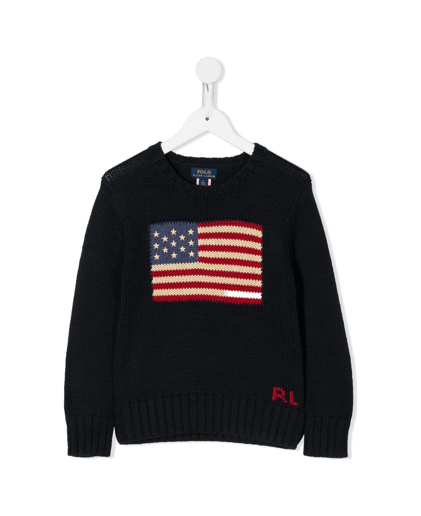 Ralph Lauren Blue Knit Sweater With Flag In Cotton Boy - NAVY