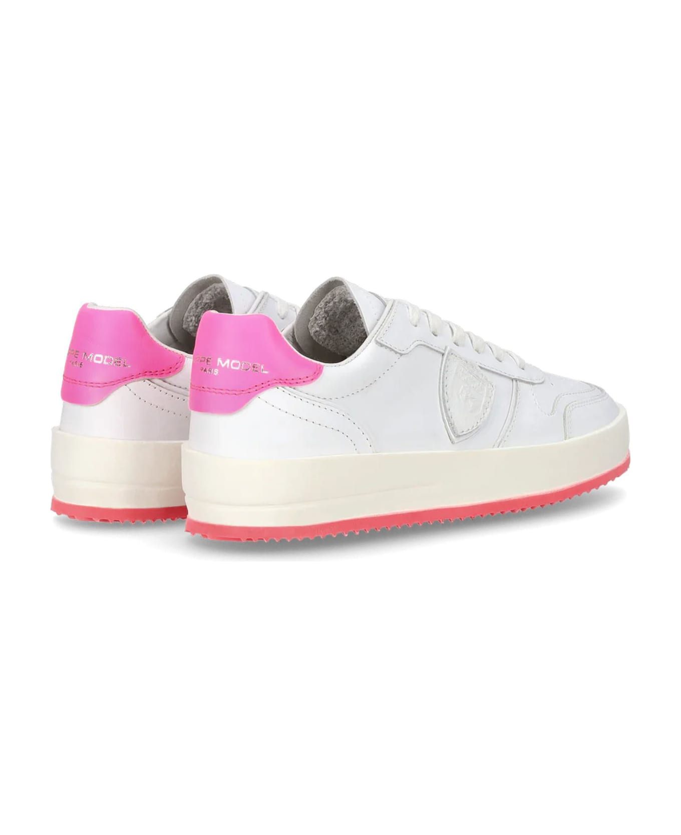 Philippe Model White And Pink Calfskin Sneakers - Bianco+fuxia