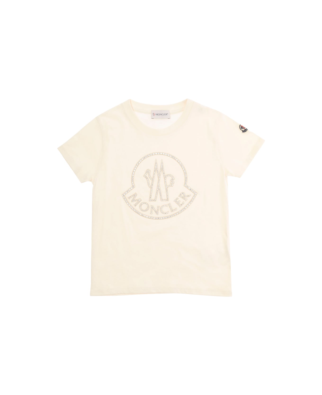 Moncler White T-shirt With Rhinestone Logo Print In Cotton Boy - White