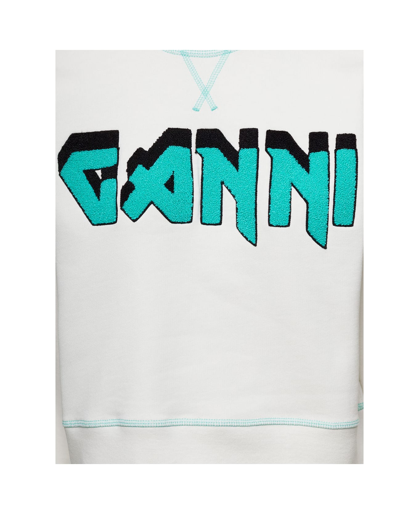 Ganni White Crewneck Sweater With Logo Print And Contrasting Stitching In Cotton Woman - White