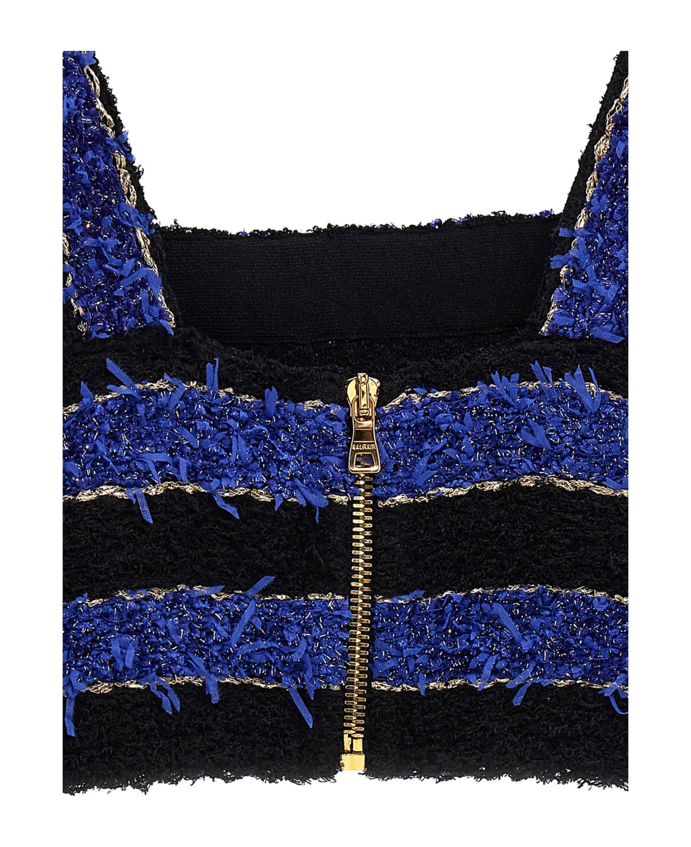 Balmain Striped Tweed Crop Top - BLACK BLUE GOLD