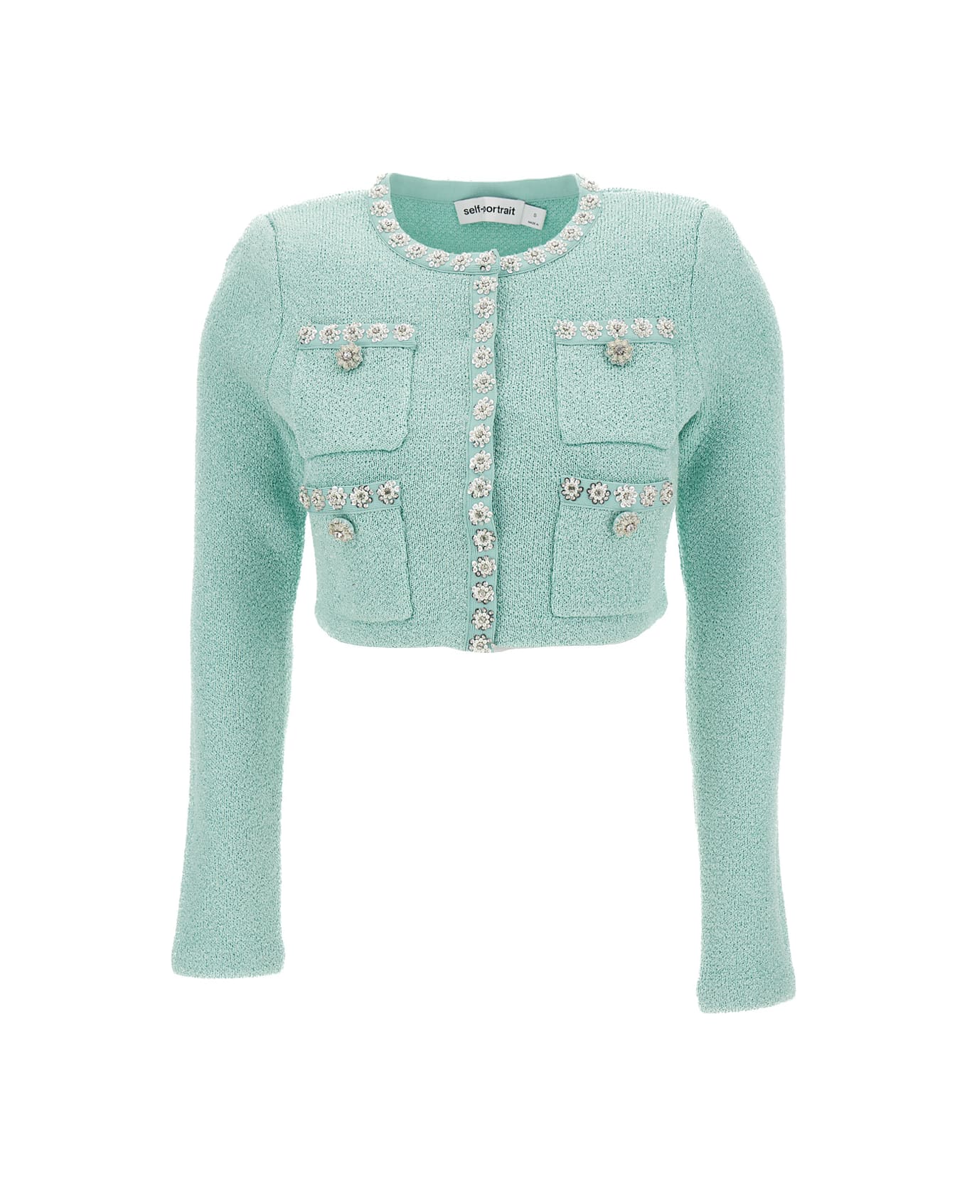 self-portrait Light Blue Crop Jacket With Jewel Buttons In Knit Woman - Light blue カーディガン
