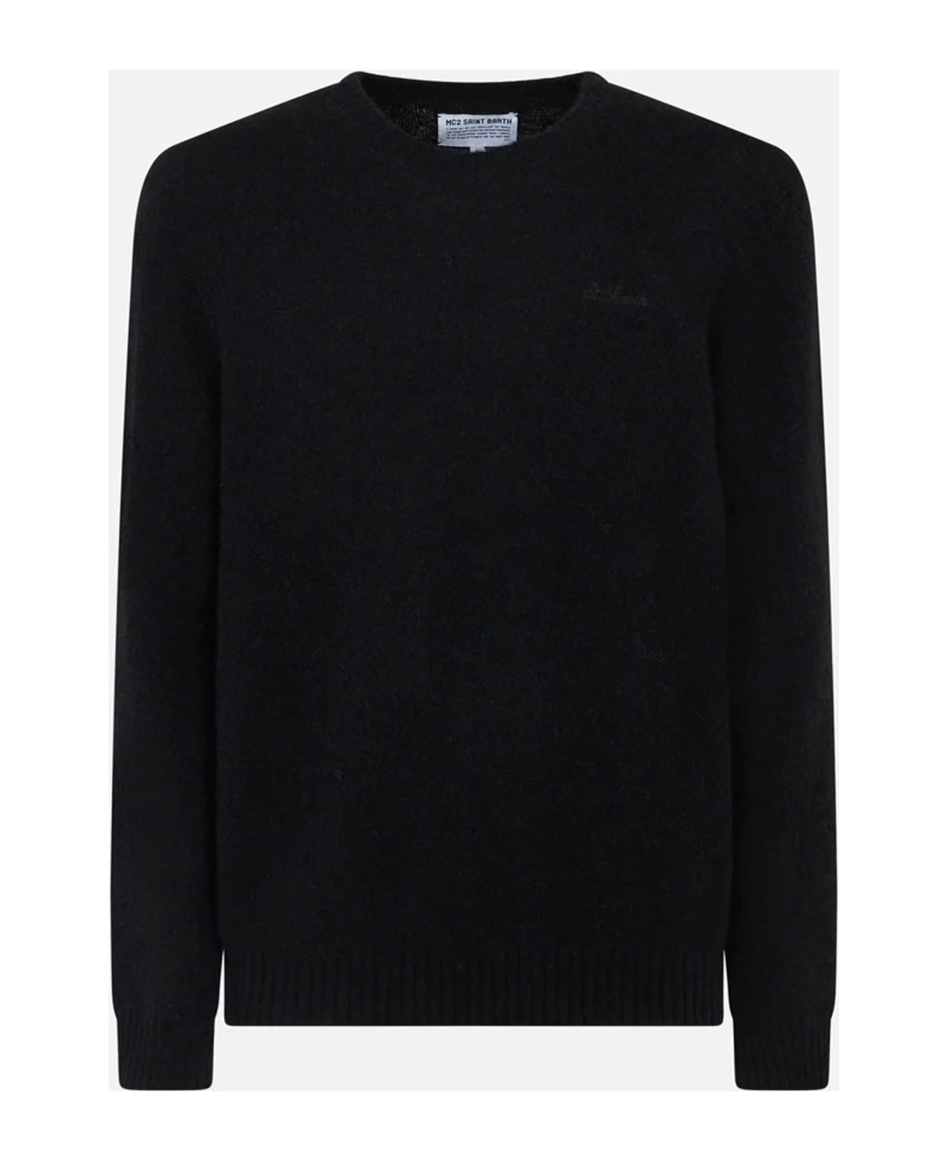 MC2 Saint Barth Man Black Stretch Wool Sweater With St. Barth Embroidery - BLACK