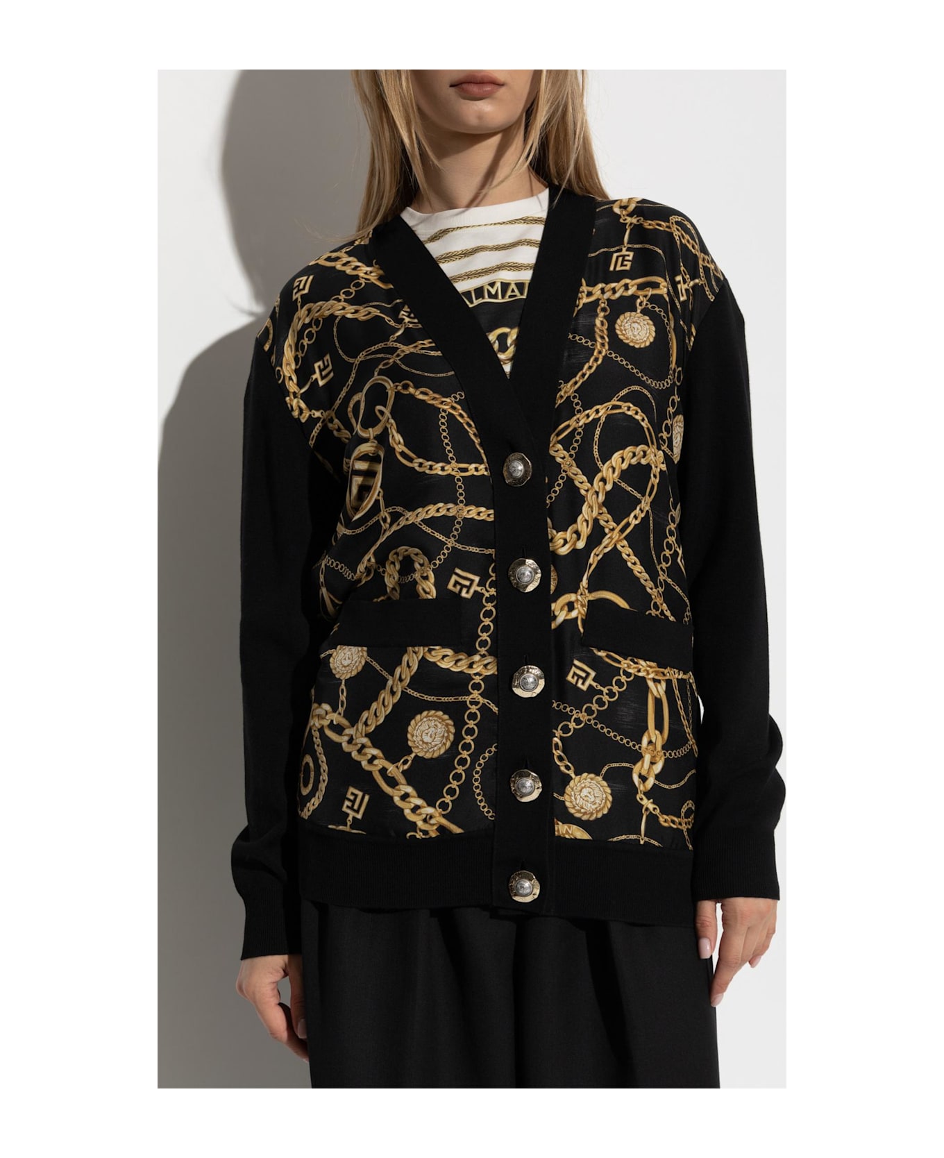 Balmain Cardigan With Combined Fabrics - Ead Noir Or