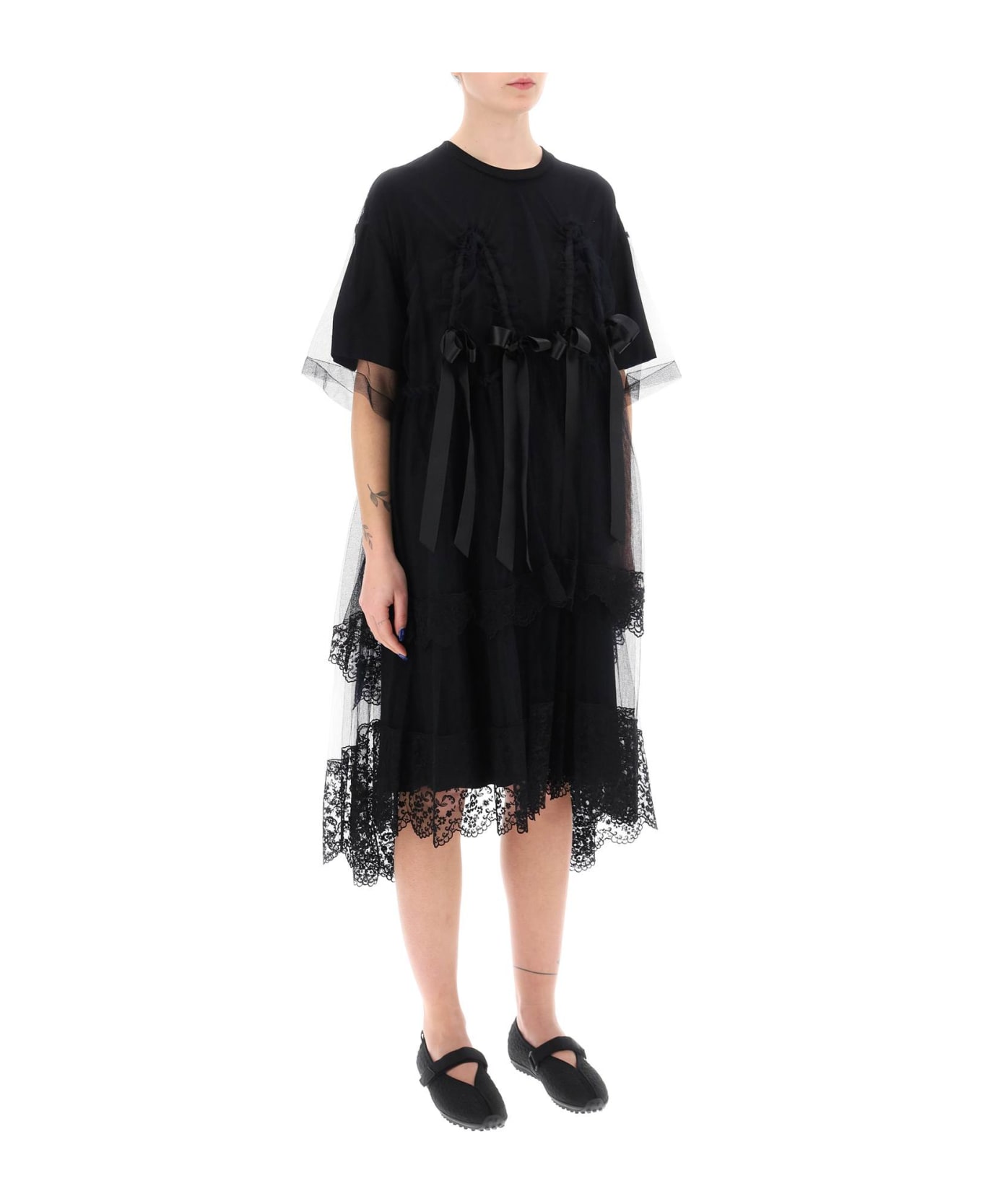 Simone Rocha Midi Dress In Mesh With Lace And Bows - BLACK (Black) ワンピース＆ドレス