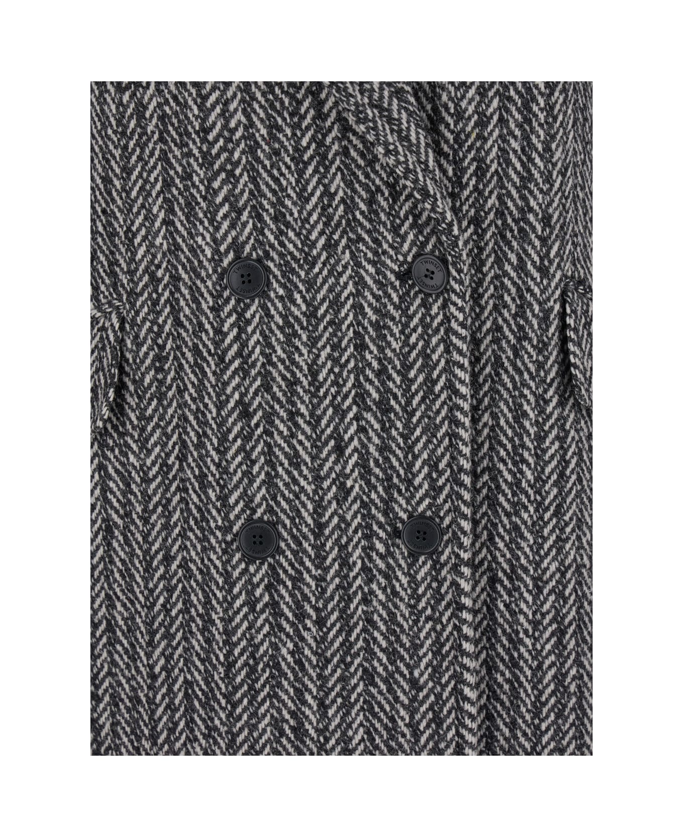 TwinSet Grey Double-breasted Coat With With Fishbone Motif In Wool Blend Woman - Grey