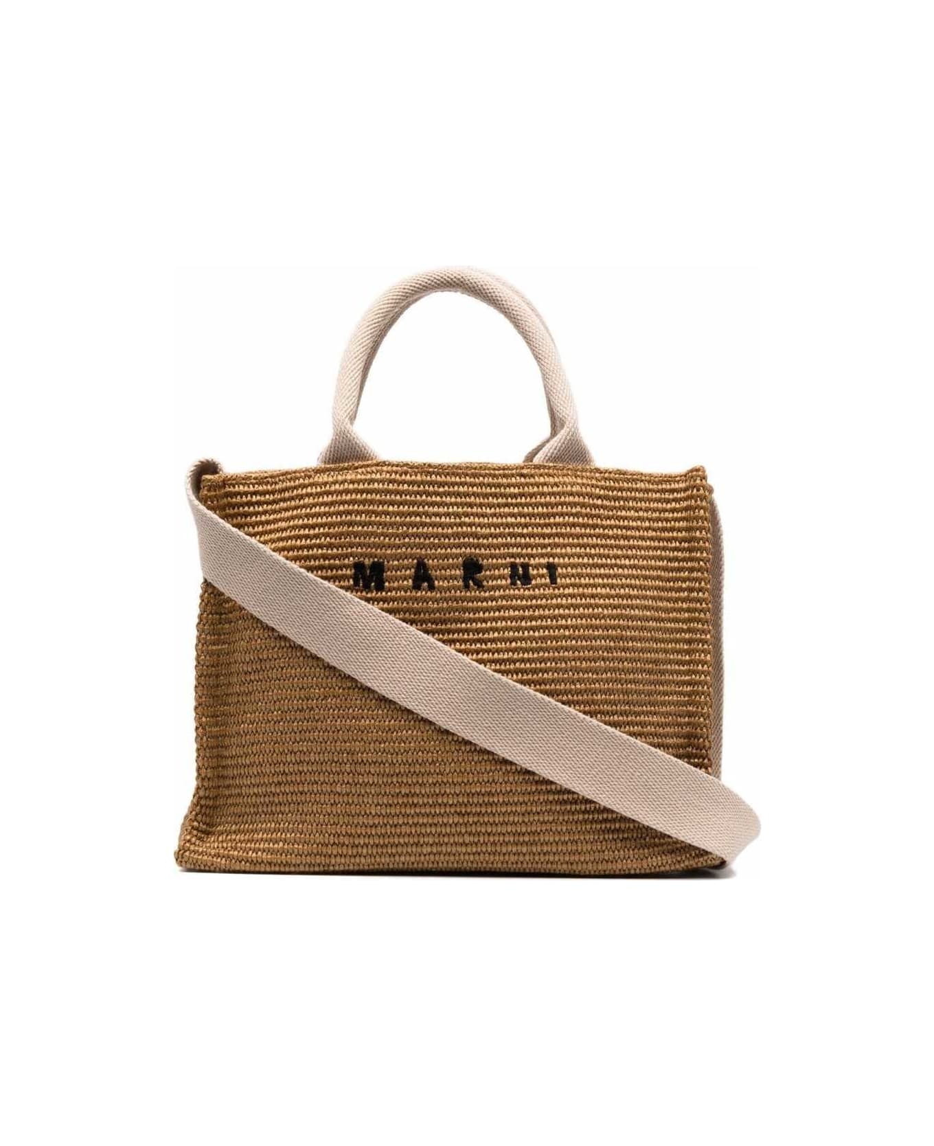 Marni Woman's Beige Raffia Shopping Bag With Logo Print - Beige
