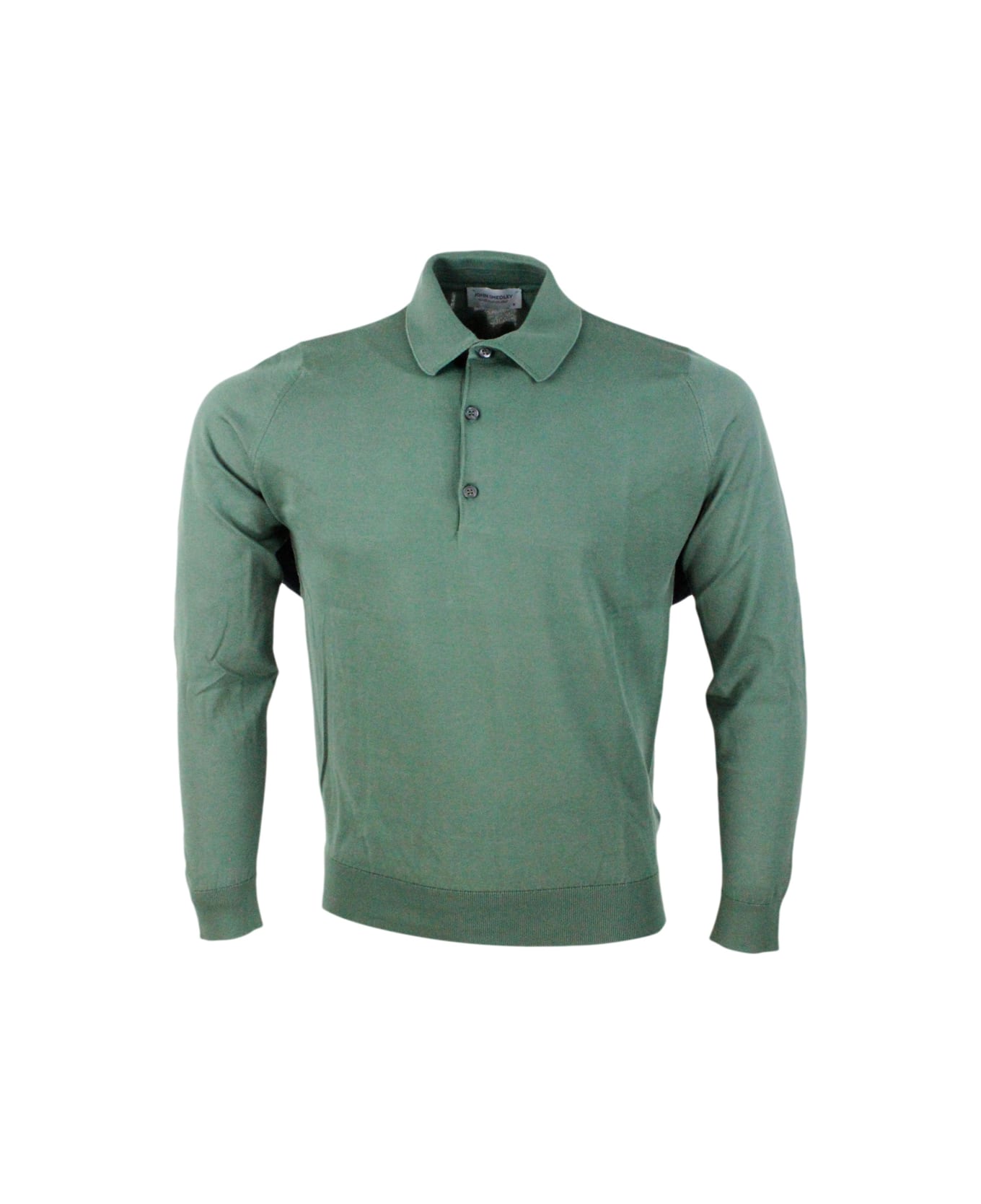 John Smedley Long-sleeved Polo Shirt In Extrafine Cotton Thread With Three Buttons - Green