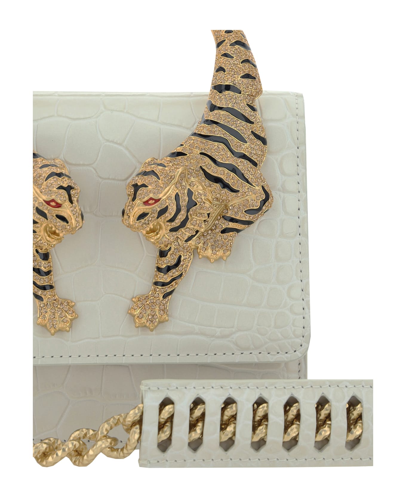 Roberto Cavalli White Medium Roar Shoulder Bag With Jewelled Tigers - White