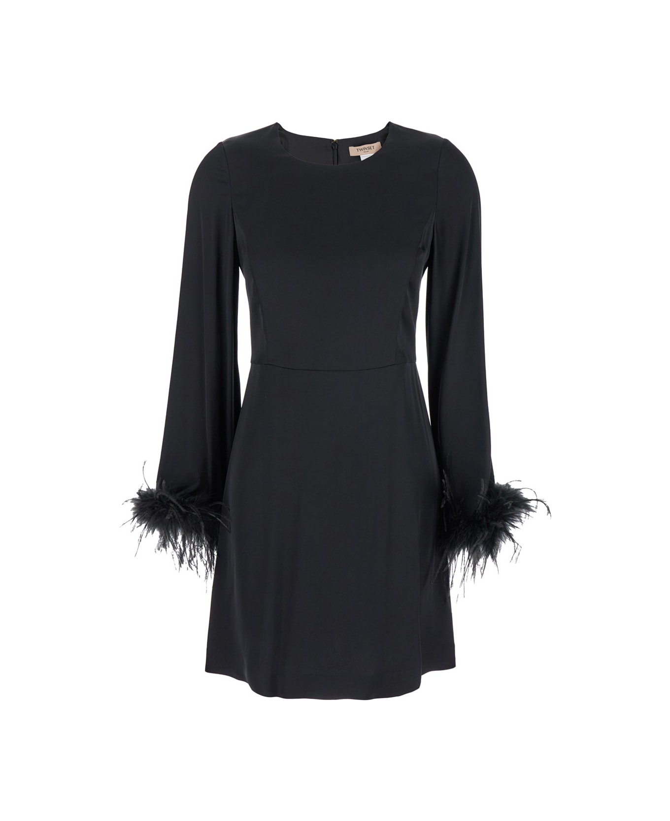 TwinSet Black Crewneck Dress With Feathered Cuffs In Viscose Woman - Black